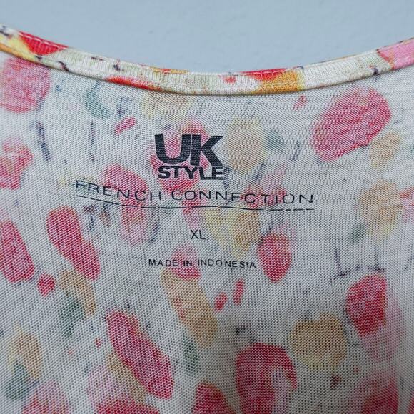 French Connection UK Style Dancing Tulips Draped Neck Top Sz XL Red Beige Floral - Picture 2 of 13